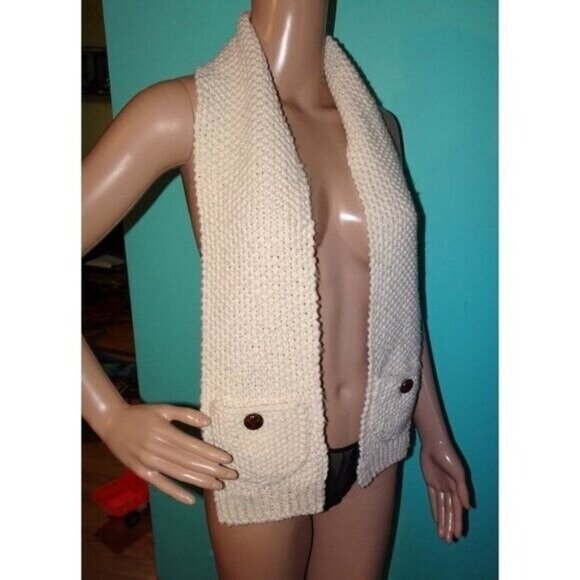 Vintage Ivory Hand Crocheted Scarf w/ Pockets pinup retro rockabilly winter knit - Picture 7 of 8